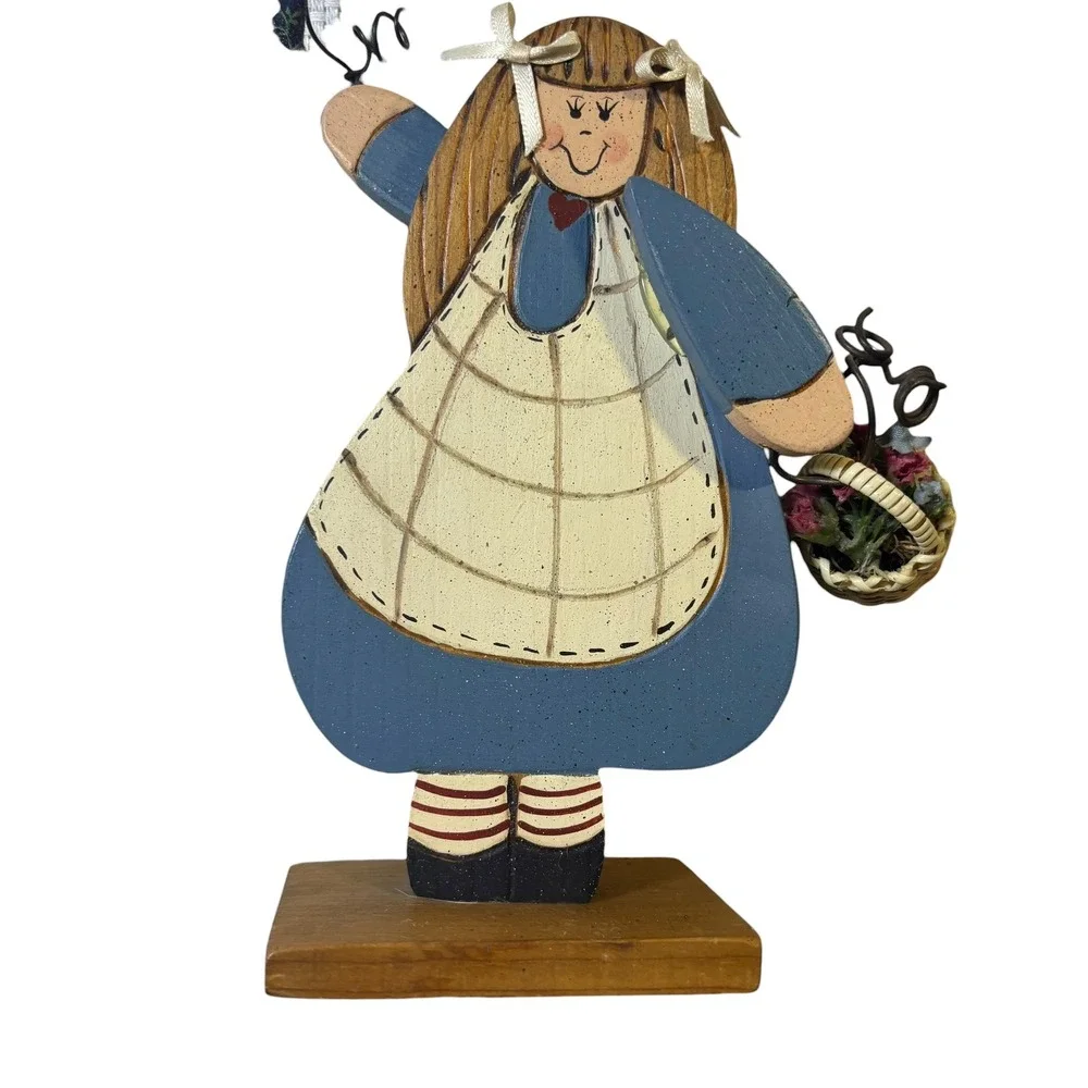 Primitive Country Girl Kite Flower Basket Wooden Figurine Decor Cottagecore‎